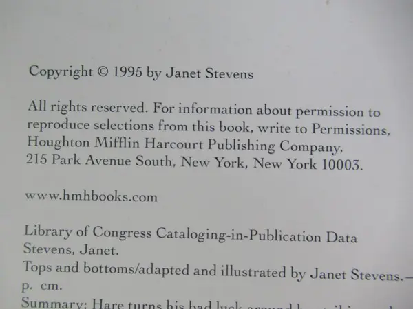 Tops & Bottoms by Janet Stevens 1995 HMH Hardcover Dust Jacket