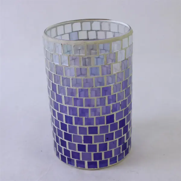 Decorative Purple Silver Mosaic Cylinder Vase Candle Holder 6in