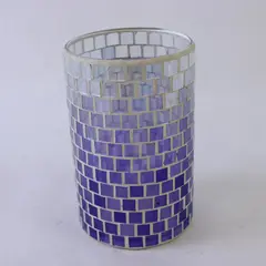 Decorative Purple Silver Mosaic Cylinder Vase Candle Holder 6in