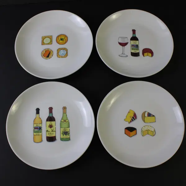 Lot of 4 VTG Boston Warehouse Gourmet Wine & Cheese Porcelain Plates 6.5in
