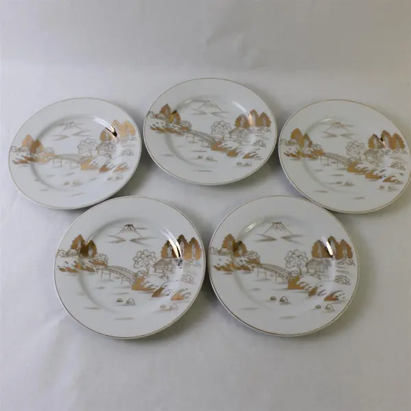 Set of 5 Kutani Hand-Painted Asian House Bridge Plates White Gold Japan