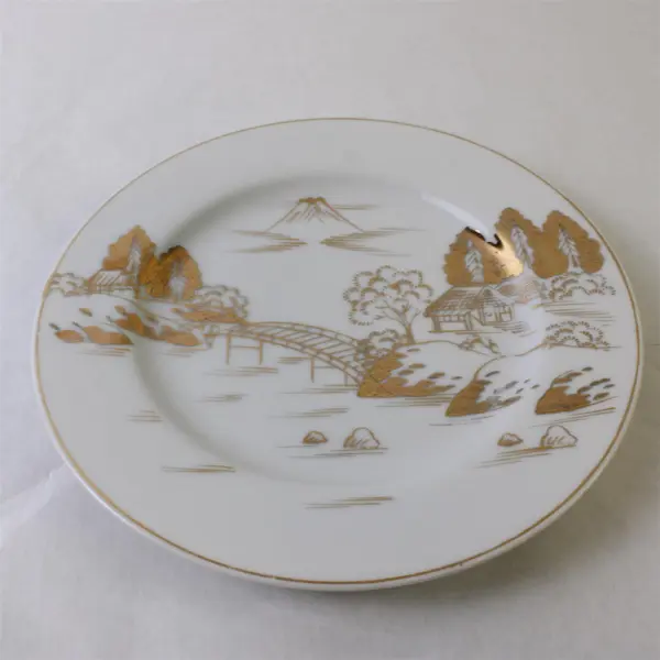 Set of 5 Kutani Hand-Painted Asian House Bridge Plates White Gold Japan
