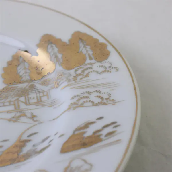 Set of 5 Kutani Hand-Painted Asian House Bridge Plates White Gold Japan