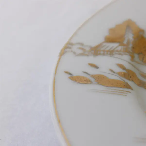 Set of 5 Kutani Hand-Painted Asian House Bridge Plates White Gold Japan