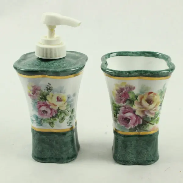 Ruth Dunn Hand Painted Soap Dispenser & Brush Holder 2-Piece Set