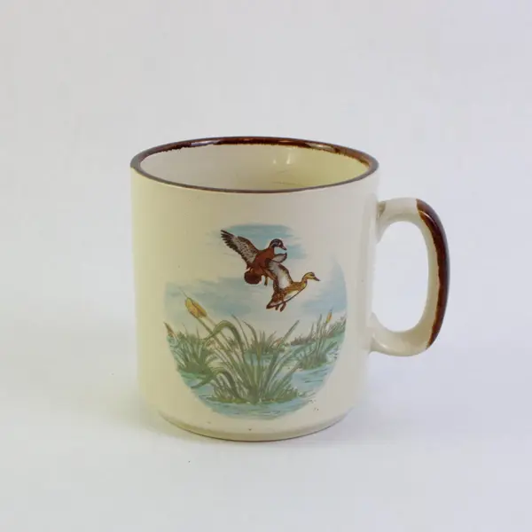 Cream Off-White Ceramic Mug Brown Trim Flying Ducks Design