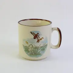 Cream Off-White Ceramic Mug Brown Trim Flying Ducks Design