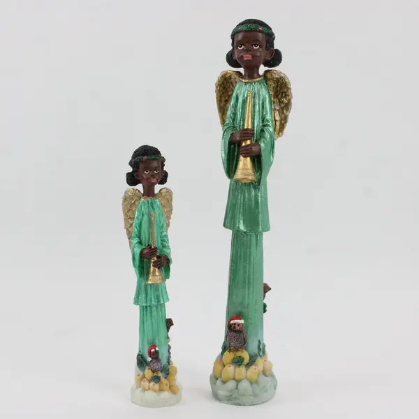Ganz Set of 2 African American Choir Angel Figurines Green Robes Decor