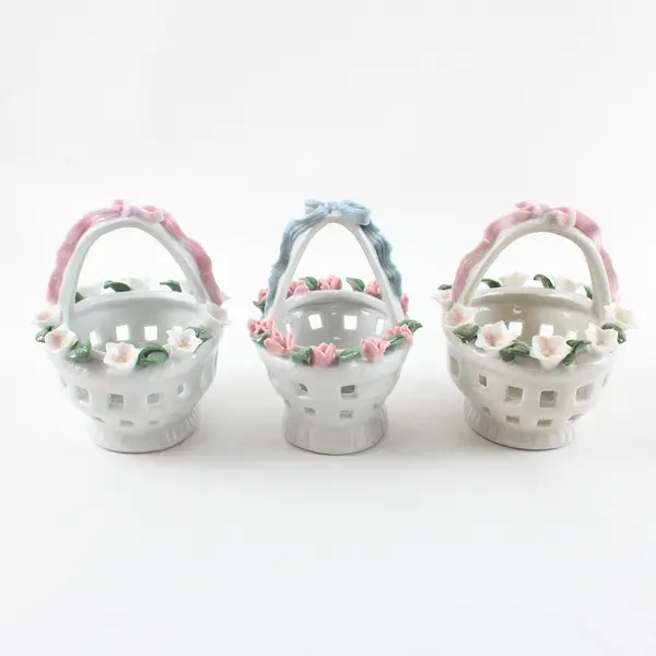 Lot of 3 Porcelain Easter Baskets White Floral Accent Spring Decor