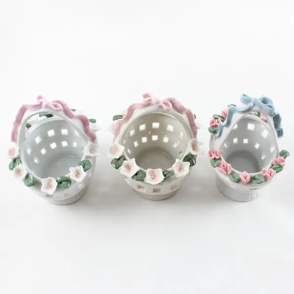 Lot of 3 Porcelain Easter Baskets White Floral Accent Spring Decor