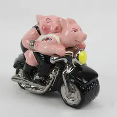 Vintage Biker Hogs Clay Art Salt & Pepper Shakers Ceramic Pigs on Motorcycle 