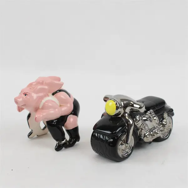 Vintage Biker Hogs Clay Art Salt & Pepper Shakers Ceramic Pigs on Motorcycle 