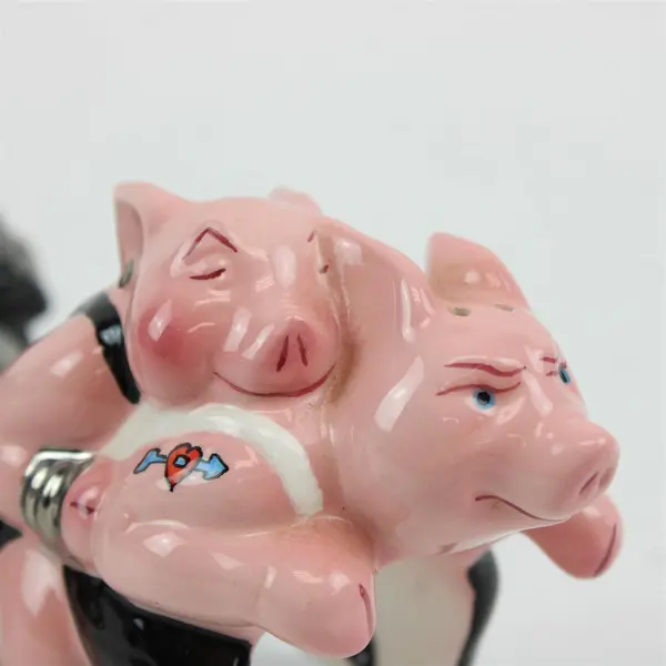 Vintage Biker Hogs Clay Art Salt & Pepper Shakers Ceramic Pigs on Motorcycle 