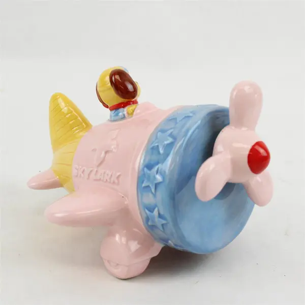 Vintage Sky Lark Porcelain Airplane Music Box Pink Blue Yellow Works
