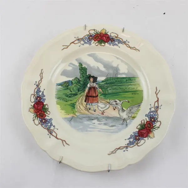 Vintage Sarreguemines Obernai Salad Plate Girl with Goose 8.25" France