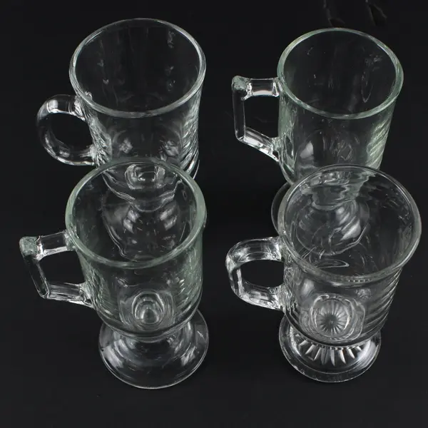 Assorted Mixed Set of 4 Clear Pressed Glass Coffee Mugs Pedestal Base