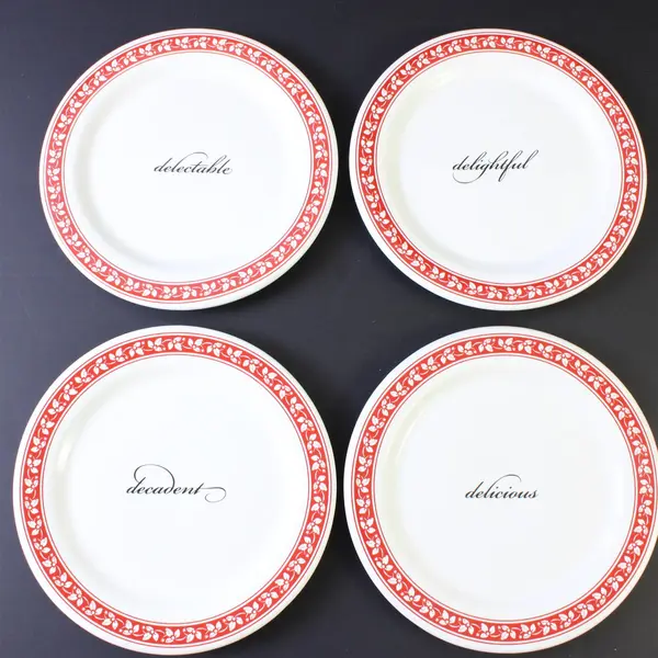    Set of 4 Hallmark Dessert Plates Red Leaf Trim Cursive Message in the Middle