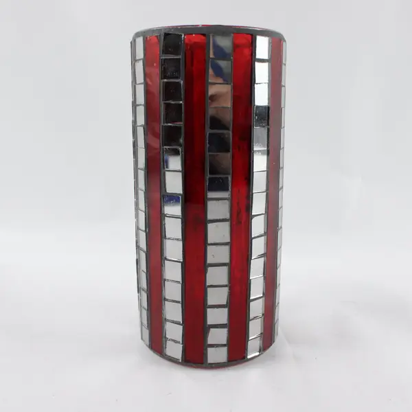 Tripar Red Mosaic Stained Glass Mirrored Tile Cylinder Candle Holder Vase