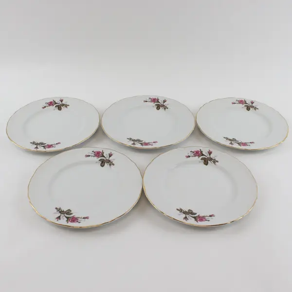 Lot of 5 Vintage Fine China Moss Rose Salad Plates 7.5 in