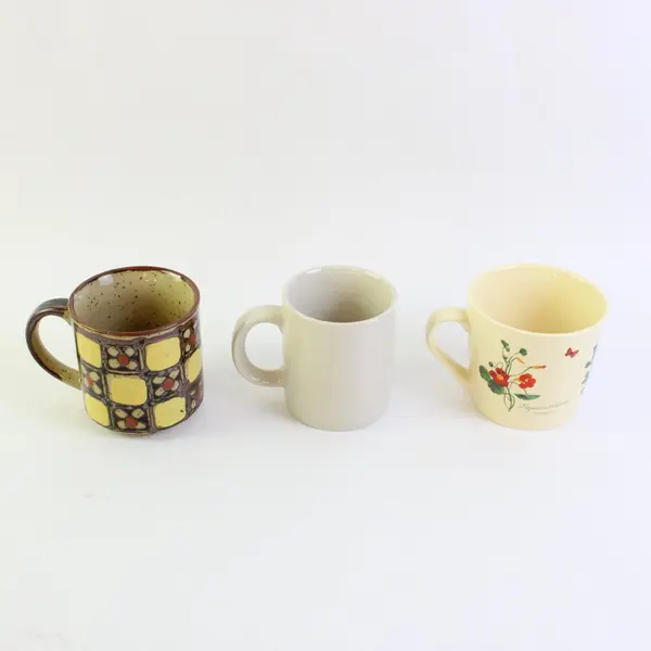 Lot of 3 Ceramic Coffee Mugs Floral Hummingbird Checkerboard Design