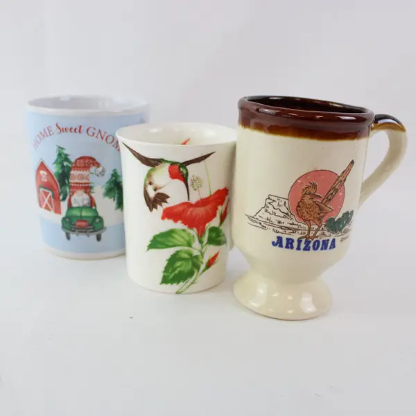 Lot of 3 Unbranded Ceramic Coffee Mugs Hummingbird Gnome Arizona Roadrunner