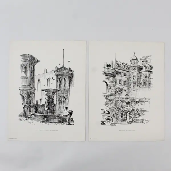 Lot Of 2 Paul Keller Lithograph Prints Portland Hotel Skidmore Fountain Oregon