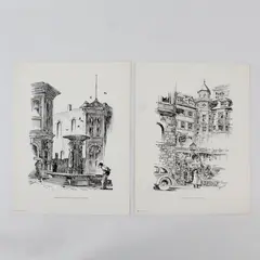 Lot Of 2 Paul Keller Lithograph Prints Portland Hotel Skidmore Fountain Oregon