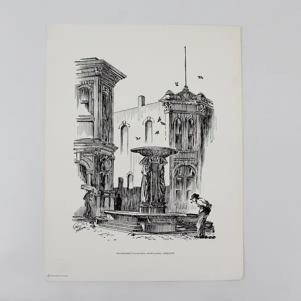 Lot Of 2 Paul Keller Lithograph Prints Portland Hotel Skidmore Fountain Oregon