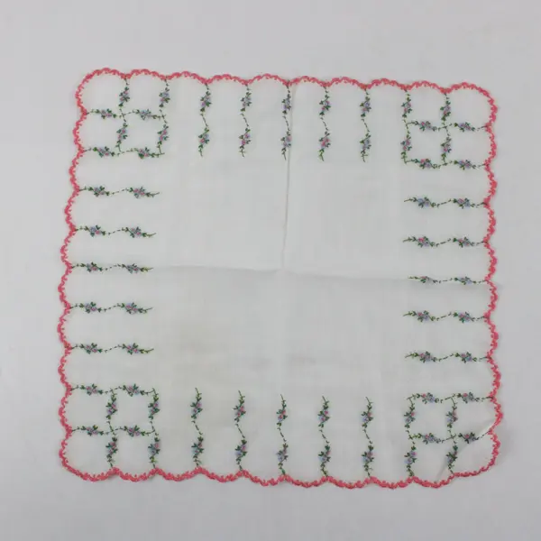 Vintage Pink and Blue Floral Embroidered Sheer White Handkerchief