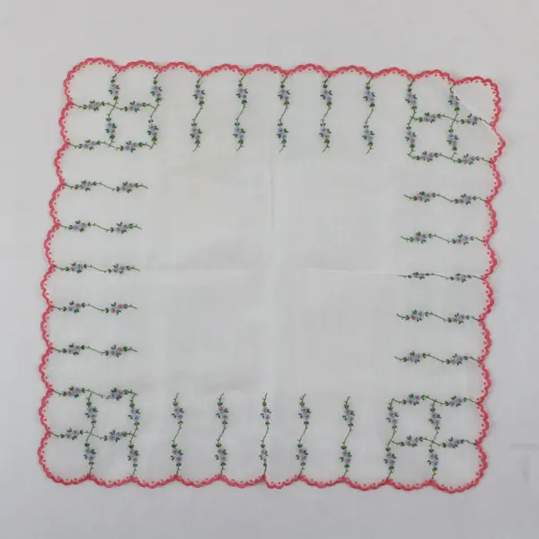 Vintage Pink and Blue Floral Embroidered Sheer White Handkerchief
