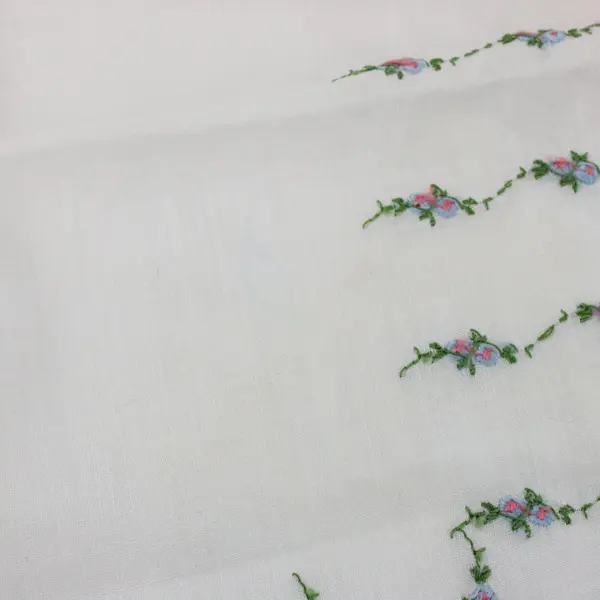 Vintage Pink and Blue Floral Embroidered Sheer White Handkerchief