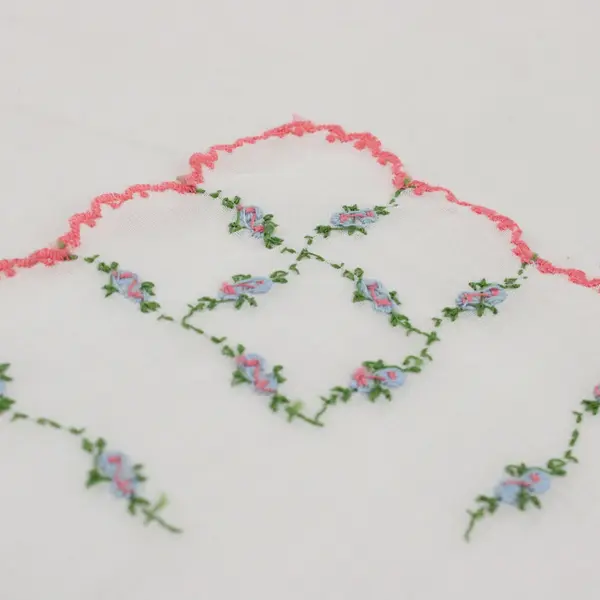 Vintage Pink and Blue Floral Embroidered Sheer White Handkerchief