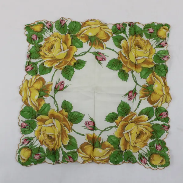 Vintage MCM Yellow Pink Rose Print Handkerchief