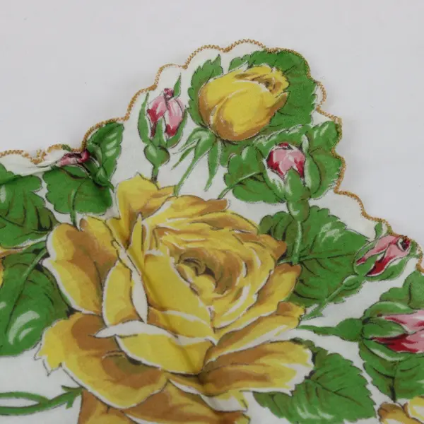 Vintage MCM Yellow Pink Rose Print Handkerchief