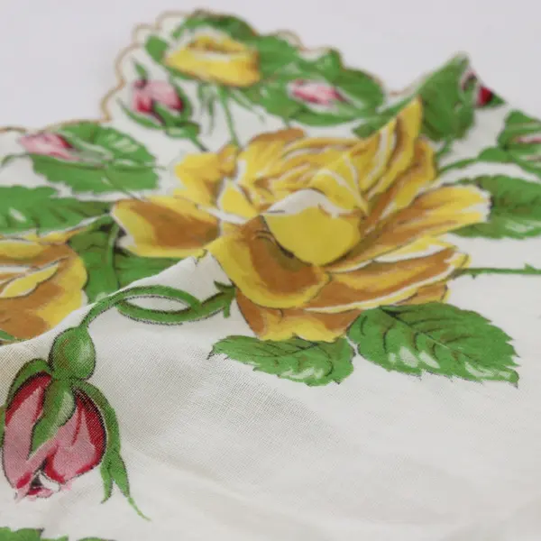 Vintage MCM Yellow Pink Rose Print Handkerchief