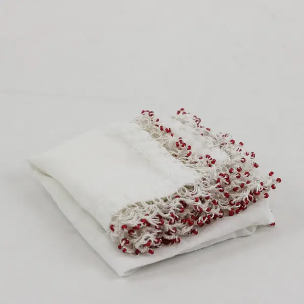 Vintage White Handkerchief Red Beaded Trim