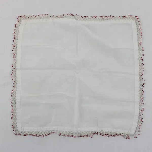 Vintage White Handkerchief Red Beaded Trim