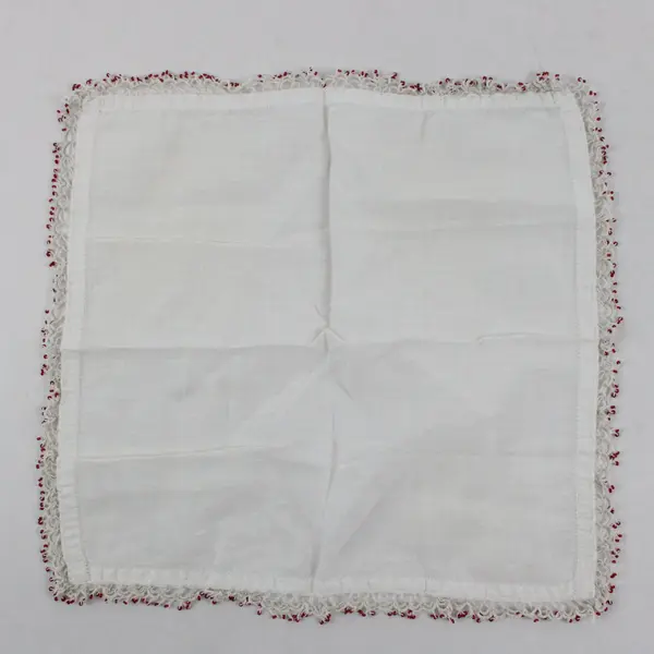 Vintage White Handkerchief Red Beaded Trim