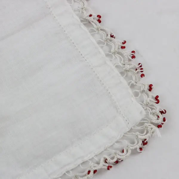 Vintage White Handkerchief Red Beaded Trim