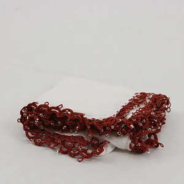 Vintage White Handkerchief Brown Beaded Trim