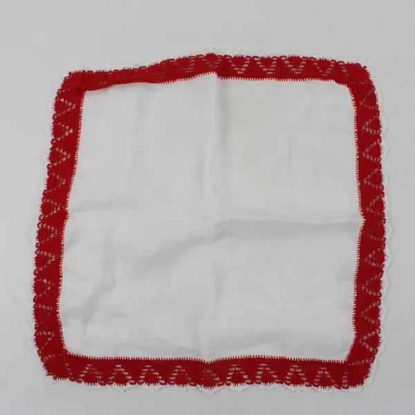 Vintage White Handkerchief 11x11 Red Crochet Trim Edge