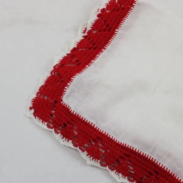 Vintage White Handkerchief 11x11 Red Crochet Trim Edge