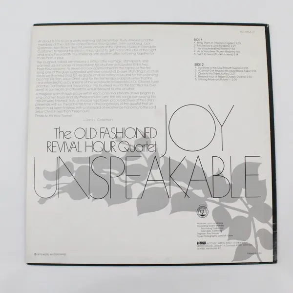 Old Fashioned Revival Hour Quartet Joy Unspeakable 12" Vinyl Record