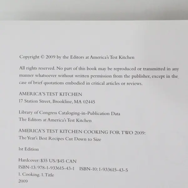 America's Test Kitchen Cooking For Two Best Recipes Cut Down to Size  2009 HC DJ