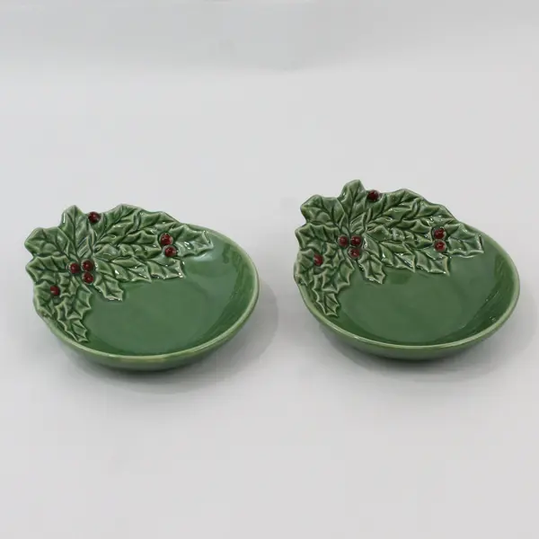 Lot of 2 Sonoma Holly & Berries Green Candy Dish Bowl 5-1/2” Wide