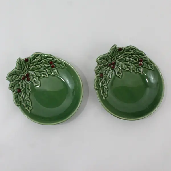 Lot of 2 Sonoma Holly & Berries Green Candy Dish Bowl 5-1/2” Wide