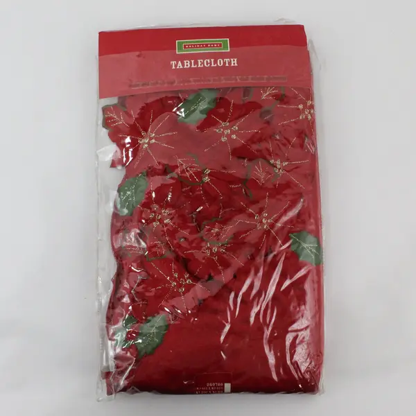 Holiday Home Embroidered Red Floral Table Cloth 60"x102" Oblong