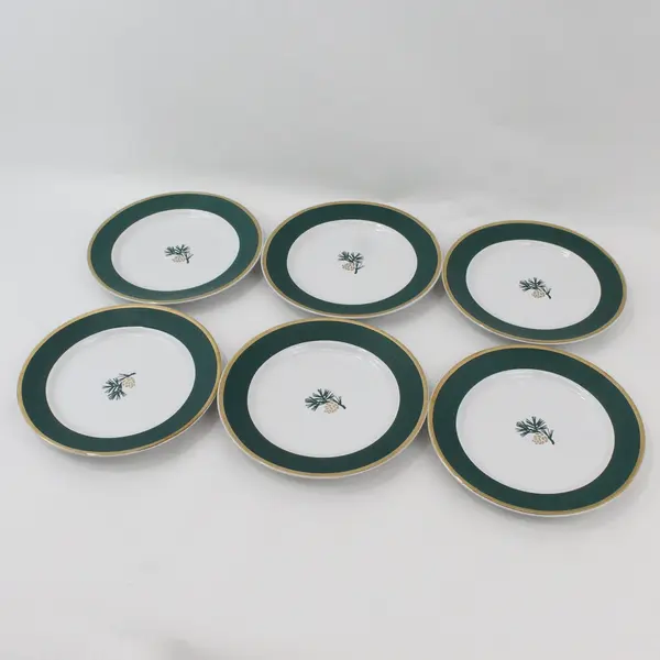 Set 6 Vintage Eddie Bauer Home Pine Cone Green & Gold Trim Salad Dessert Plates