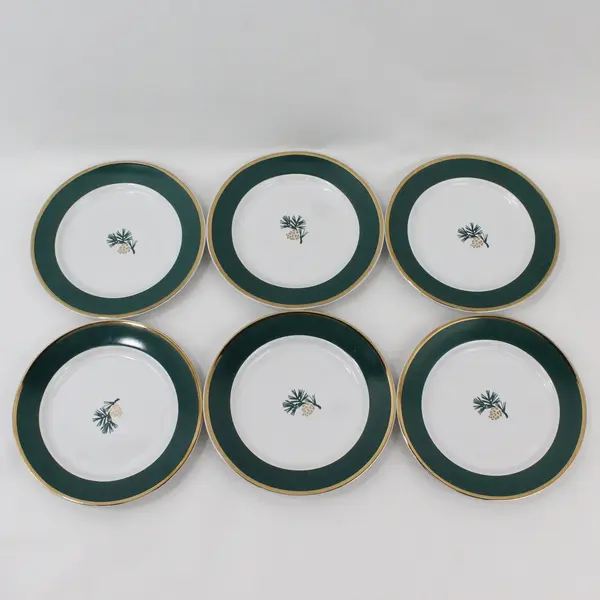 Set 6 Vintage Eddie Bauer Home Pine Cone Green & Gold Trim Salad Dessert Plates