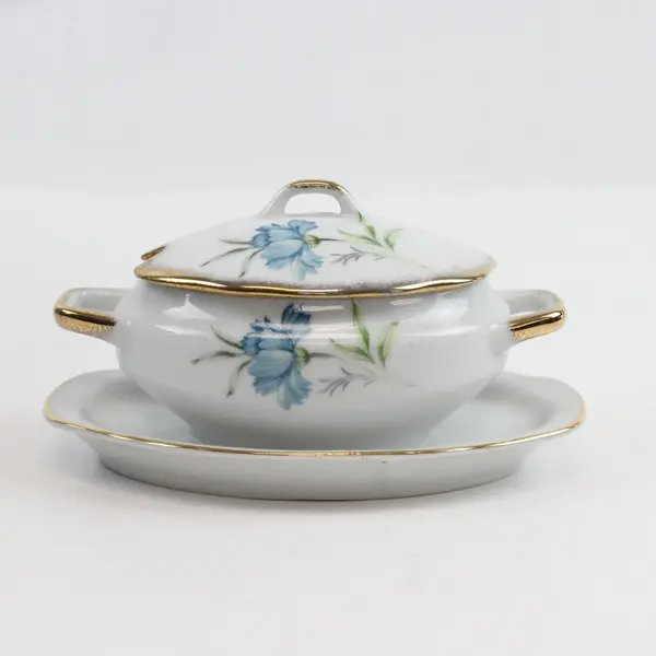 Vintage Porcelain Gravy Sauce Dish Lid Underplate Base Blue Floral Gold Trim